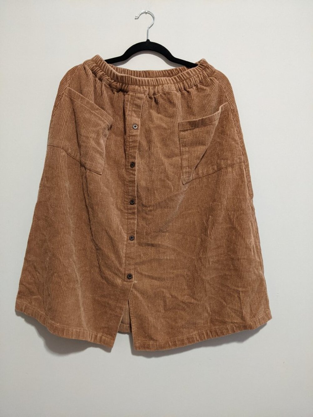 Brown Corduroy Button-Front Knee-Length A-Line Skirt with Pockets